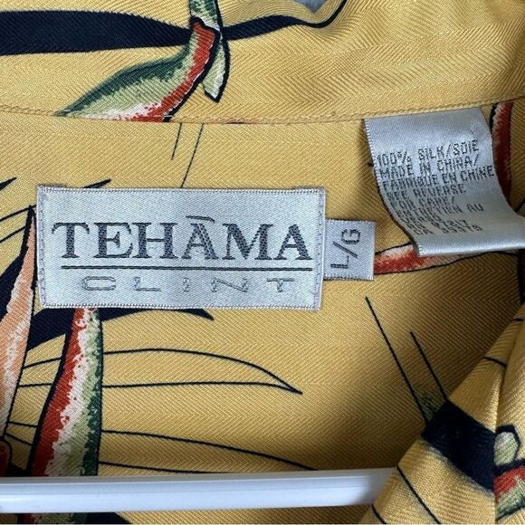 Tehama Clint Silk Shirt Mens Large Yellow Hawaiian Floral Beach White Witch Logo - Picture 13 of 16